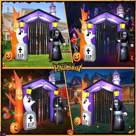 9 FT Halloween Inflatables Haunted House Castle Archway Decoration with Led - Picture 2 of 7
